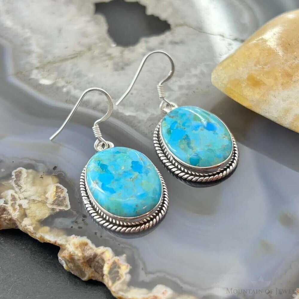 Sterling Southwestern Style Oval Mojave Turquoise Dangle Earrings For Women - Picture 3 of 10